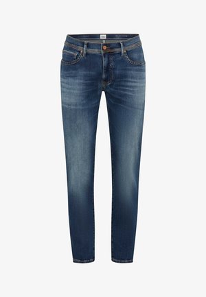 Blå denim jeans med slim fit, der har en kobberknap, fem lommer og falmede detaljer på lårene. Kontraststing overalt.