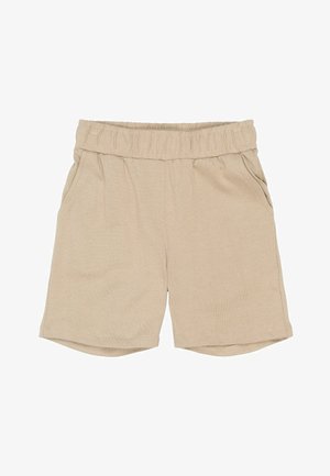 Bermudas de algodón beige con cinturilla elástica y bolsillos laterales, diseñadas para uso casual.