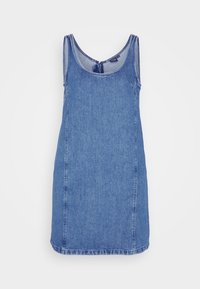 Denimmekko, jossa on hihaton muotoilu, pyöreä kaula-aukko ja kapea istuvuus. Ominaisuuksiin kuuluu keskisininen väri ja yksinkertaiset ommeltut yksityiskohdat.