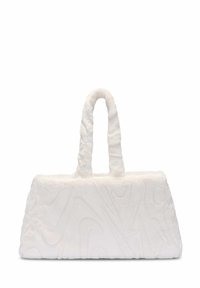 Biała torebka futrzana o strukturalnym prostokątnym kształcie, teksturowanej powierzchni z falistym wzorem i dwoma grubymi, skręconymi uchwytami.