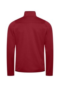 Roter Pullover mit langen Ärmeln aus weichem Stoff. Verfügt über einen hohen Kragen und eine einfarbige Gestaltung, mit gerippter Textur und ohne sichtbare Logos oder Muster.