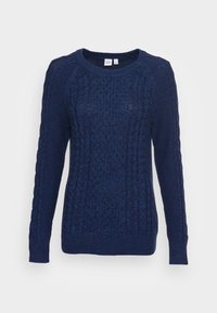 Dunkelblauer gestrickter Pullover mit einem strukturierten Zopfmuster, langen Ärmeln und Rundhalsausschnitt, aus einem weichen Wollgemisch gefertigt.