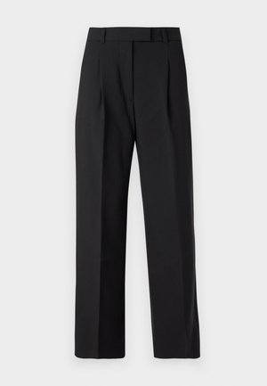 Pantalons larges noirs en tissu lisse, avec une taille haute, des plis à l'avant et sans quincaillerie ou motifs visibles.