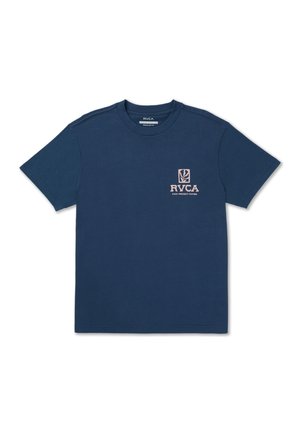 T-shirt bleu marine à manches courtes avec col rond, petit logo beige RVCA et texte « Past Present Future » sur le côté gauche de la poitrine.