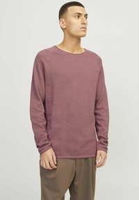 Lange mouwen kastanjebruine trui met een structuurafwerking, ronde halslijn en geribbelde manchetten, gecombineerd met beige broek.