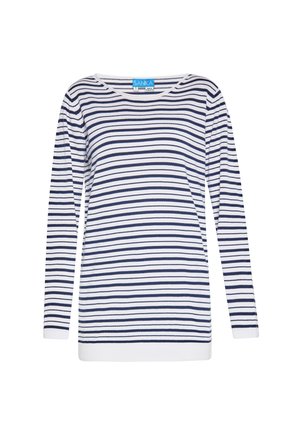 Maglietta a maniche lunghe a righe con strisce orizzontali blu navy e bianche, collo rotondo e orlo a coste. Realizzata in tessuto morbido.