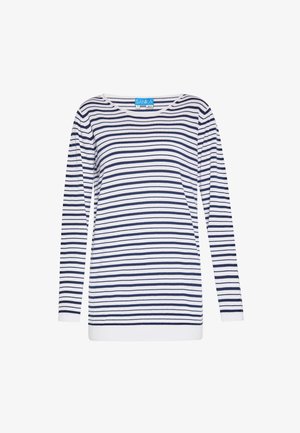 Gestreepte lange mouw top met marineblauwe en witte horizontale strepen, ronde halslijn en een geribde onderrand. Gemaakt van zachte stof.