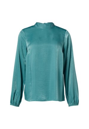 Teal satin long-sleeve blouse with a high neckline. Features a smooth texture and gathers at the cuffs, providing a relaxed fit.