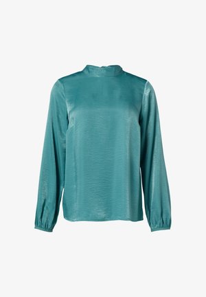 Teal satin long-sleeve blouse with a high neckline. Features a smooth texture and gathers at the cuffs, providing a relaxed fit.