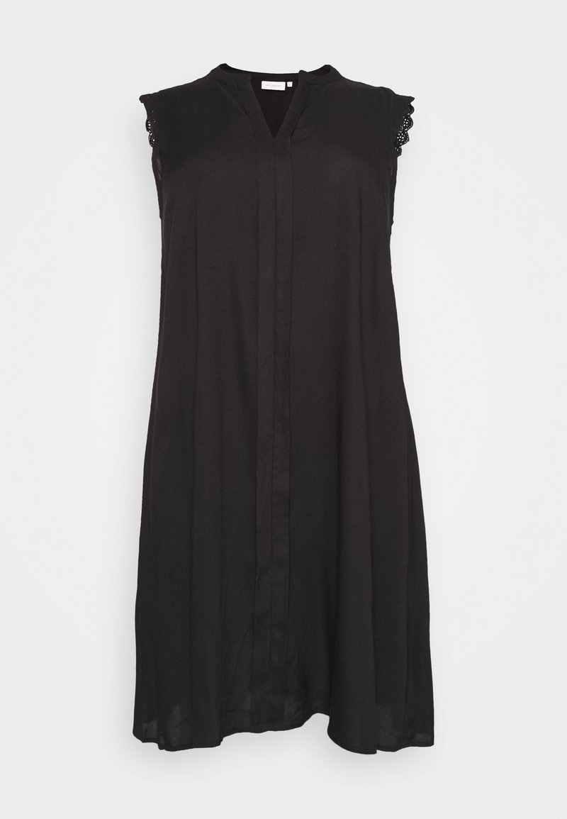 Μαύρο αμάνικο φόρεμα από ελαφρύ ύφασμα, με V λαιμόκοψη, λεπτό δαντελωτό τελείωμα στους ώμους και χαλαρή, σε σχήμα Α σιλουέτα.