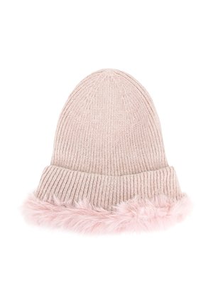 Beanie lavorato a maglia beige con una texture a coste, caratterizzato da un morbido polsino in pelliccia sintetica rosa chiaro alla base. Senza loghi o motivi visibili.
