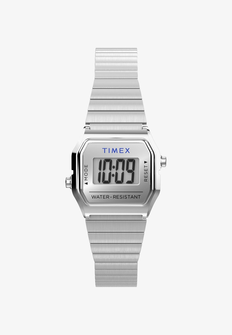 Silver digital watch with a rectangular face, stainless steel band, blue text, and water-resistant feature displaying the time 10:09.