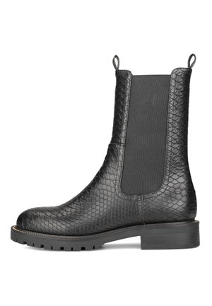 Schwarze Stiefeletten mit einem strukturierten Schlangenledermuster, elastischen Seiteneinsätzen und einem soliden Blockabsatz. Gummisohle für besseren Halt.