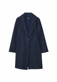 Mørk marineblå uldfrakke med notch-krave, enkelt knappelukning og to forlommer. Har en skræddersyet pasform og lange ærmer.