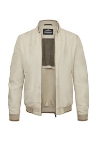 Beige bomber jacket with a zip closure, ribbed cuffs, and a mesh-lined interior. Features side pockets and a simple design.