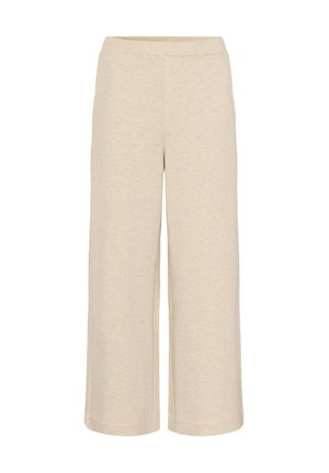Beige wide-leg pants with an elastic waistband, made from a soft, textured fabric.