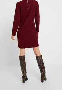 Burgundské pletené šaty s dlouhými rukávy, s rozepínáním na zip na zadní straně. Nosené s hnědými kozačkami po kolena s hadím vzorem.