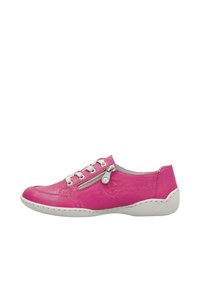 Pink leather shoe with a low profile, featuring white rubber sole and laces, accented by a side zipper for added detail.