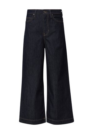 Dark blue wide-leg jeans made of denim. Features include a button and zipper closure, five pockets, and contrasting yellow stitching.