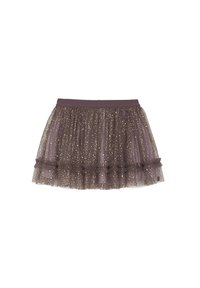 Tyllkjol i mörk lila med guldprickmönster, volangkant och elastisk midja. Lätt och genomskinlig struktur.