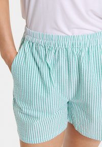 Pantaloni corti a righe verdi e bianche con vita elastica, dotati di tasche laterali e vestibilità comoda. Materiale in cotone leggero.