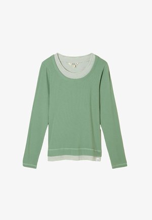 Grøn langærmet top med rund halsudskæring, der har et stribet mønster ved den indvendige krave og på kanten. Komfortabel ribstrikket tekstur.