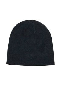 Cappello beanie in maglia nera con design semplice e senza loghi o motivi visibili, esposto su uno sfondo bianco.