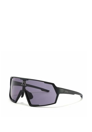 Schwarze Wraparound-Sonnenbrille mit geometrischem Gestell und dunkelvioletten Gläsern, dargestellt auf weißem Hintergrund.