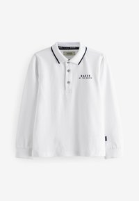 Weißes Langarm-Polohemd mit Kragen, dreiknopfiger Knopfleiste und marineblauen Akzenten. "BAKER BY TED BAKER" in Schwarz auf der Brust gedruckt.