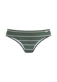 Grüner gestreifter Bikiniunterteil aus dehnbarem Material. Verfügt über dünne horizontale Streifen in Beige und ein kleines metallic Logo-Detail an der Seite.