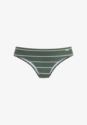 Green striped bikini bottom made of stretch fabric. Features thin horizontal stripes in beige and a small metallic logo detail on the side.