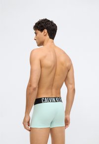 Vīrietis bez krekla, vērsts pa kreisi, ģērbies mint zaļās Calvin Klein bokseršortās ar melnu jostu uz vienkrāsaina gaiša fona.