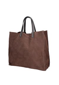 Bruine suede tote bag met twee zwarte leren handvatten. Glad oppervlak, rechthoekige vorm, stiksel langs de randen en een minimalistisch ontwerp.