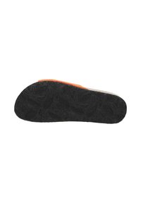 Black rubber sole with textured patterns, orange synthetic upper accent, and flat design, suitable for casual wear.