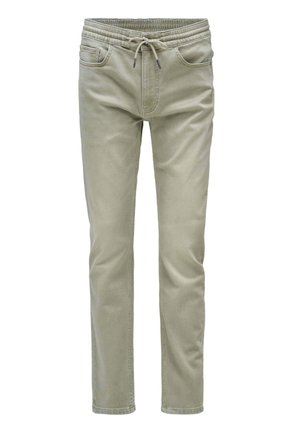 Helle taupe-farbene Freizeithose mit elastischem Bund und Kordelzug, Fronttaschen und schmalen, geraden Beinen.