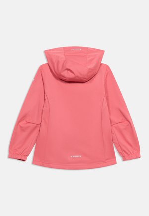 Κοραλλί ροζ μπουφάν softshell με κουκούλα, μακριά μανίκια και ελαστικές μανσέτες, εμφανιζόμενο από πίσω.