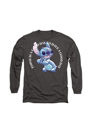 Dunkles Langarmshirt mit einem lächelnden blauen Cartoon-Charakter, der seine Hände zusammenhält, und dem Text „Heute ist ein guter Tag, um einen guten Tag zu haben.“