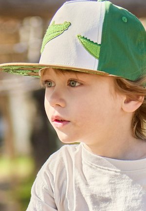 Bambino con capelli chiari che indossa un berretto verde e bianco con disegni di dinosauri, che guarda di lato sotto una luce soffusa all'aperto.