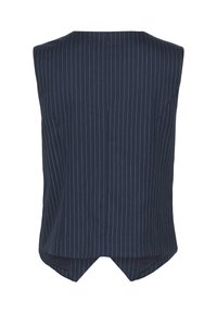 Tengerészkék ujjatlan felső fehér csíkokkal, ívelt alsó szegéllyel és hátsó szellőző résszel. Simább, textúrált anyagból készült.