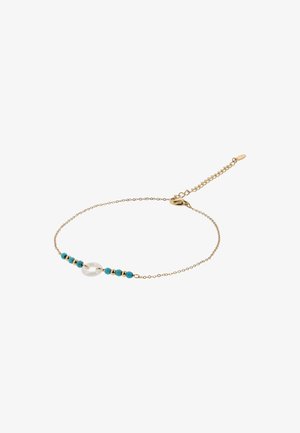 Finom arany lánc karkötő kis türkiz és arany gyöngyökkel, középen fehér kör alakú medállal és állítható kapoccsal.