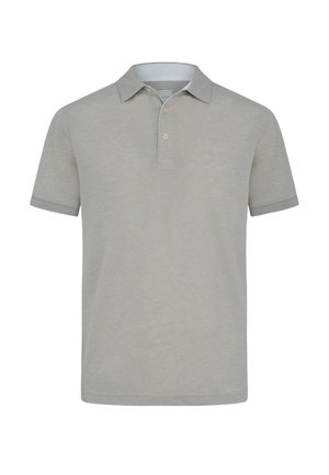 Polo a maniche corte di colore grigio chiaro con collo e abbottonatura a due bottoni, mostrata su uno sfondo bianco semplice.