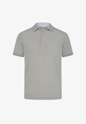 Jasnoszara koszulka polo z krótkim rękawem, kołnierzykiem i dwukolorową plisą na guziki, prezentowana na jednolitym białym tle.