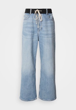 Lichtblauwe wijde jeans met een zwarte elastische tailleband, voorzien van een trekkoordsluiting en een klassieke vijf-pocket ontwerp.