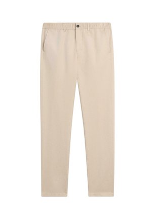 Pantaloni casual beige con vita elasticizzata, passanti per cintura, chiusura a bottone e tasche laterali, progettati per il comfort e l'uso quotidiano.