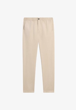 Beige Freizeithosen mit elastischem Bund, Gürtelschlaufen, Knopfverschluss und Seitentaschen, entworfen für Komfort und den alltäglichen Gebrauch.