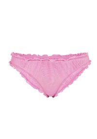 Sous-vêtement bikini transparent rose pour femme avec bords à volants et texture de tissu léger.