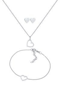 Sølvsmykkesæt bestående af en halskæde med hjerteformet vedhæng og matchende hjerteøreringe. Armbånd med et hjertecharme og justerbar kæde.