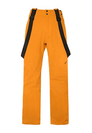 Oranžinės vandeniui atsparios sniego kelnės su reguliuojamomis juodomis petnešomis, užsegimais ir logotipu ant apatinės kojos. Tiesaus kirpimo dizainas ir glotni tekstūra.