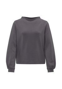 Suéter gris de manga larga con un cuello alto y puños acanalados. La tela es suave y ligeramente elástica, ofreciendo un ajuste relajado.