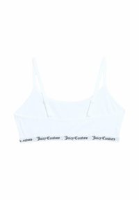 Biela podprsenka s tenkými nastaviteľnými ramienkami, so čiernym elastickým pásom na spodnej strane, na ktorom je výrazne napísané "Juicy Couture".